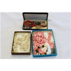 TWO SHELL NECKLACES AND TRAY OF JEWELLRY