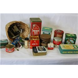 BASKET OF COLLECTOR SPOONS AND COLLECTIBLE TINS