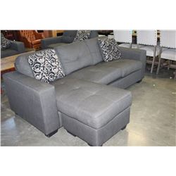 AS NEW HOME ELEGANCE MODERN SQUARE ARM DARK GREY FABRIC SOFA WITH MOVEABLE CHAISE AND TWO THROW PILL