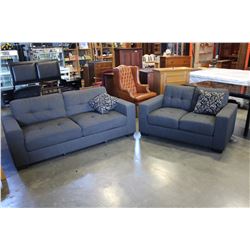 AS NEW HOME ELEGANCE MODERN SQUARE ARM DARK GREY FABRIC SOFA AND LOVESEAT AND TWO THROW PILLOWS