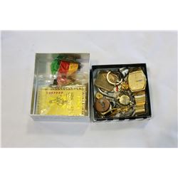 TWO EUROPEAN MEDALS ON RIBBONS AND TRAY OF MENS WATCH RING ETC