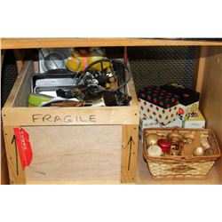 WOOD BOX OF VINTAGE KITCHEN WARE AND RECIPE BOXES AND WOODENWARE