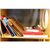 Image 1 : SHELF LOT OF COLLECTIBLES CRYSTAL CANDLESTICKS ETC VINTAGE BRIEFCASE AND BOOKS