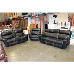 AS NEW 3-PIECE BLACK LEATHER HOME ELEGANCE SOFA LOVESEAT WITH CONSOLE AND CHAIR-POWER HEADREST POWER