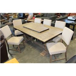 NEW HOME ELEGANCE RUSTIC FARMHOUSE STYLE DINING TABLE WITH METAL ACCENT BANDING AND 6 UPOLSTERED STU