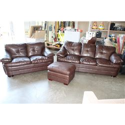 AS NEW BROWN LEATHER SOFA LOVESEAT AND MATCHING OTTOMAN