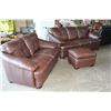 Image 2 : AS NEW BROWN LEATHER SOFA LOVESEAT AND MATCHING OTTOMAN