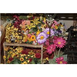 TWO BASKETS OF FLOWERS AND DECORATIVE METAL WARE