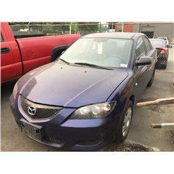 2004 MAZDA 3, BLUE, 4 DOOR SEDAN, GAS, MANUAL, VIN #JM1BK12F841124379, 350,925KMS, RD,CD,PL,TW,AC,