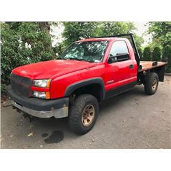 2004 CHEVROLET SILVERADO, RED, FLATDECK, VIN # 1GBHK34G74E359915, 106,571KMS, GAS, AUTOMATIC,