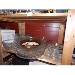 SHELF OF GLASSWARE, PLATES & MORE