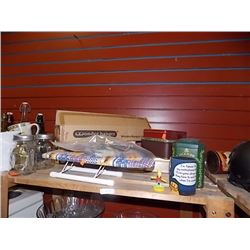 SHELF LOT OF COLLECTABLE & HOUSE HOLD - INCLUDING MASONARY MUGS, COLLECTABE TINS AND MORE