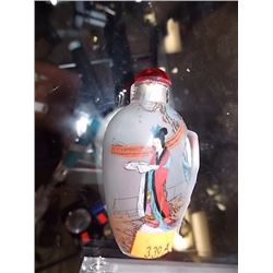 SNUFF BOTTLE - HAND PAINTED - WITH LID - LADY WITH RED & BLUE DRESS