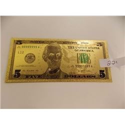 GOLD FOIL BILL - 24 K - USA $5 - not legal tendar