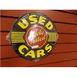 AUTOMOBILIA MEMORABILIA - METAL SIGN - USED CARS - SAFETY TESTED