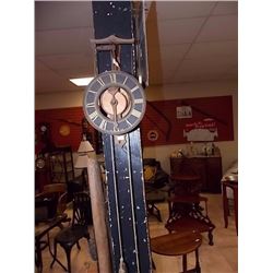 FOLK ART WALL CLOCK WITH CAST IRON WEIGHTS