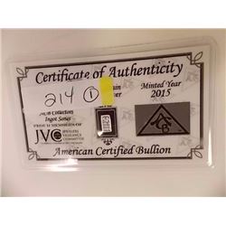 SILVER INGOT - .999 FINE SILVER - 5 GRAIN - WITH CERTIFICATE OF AUTHENTICITY - MINT SEALED