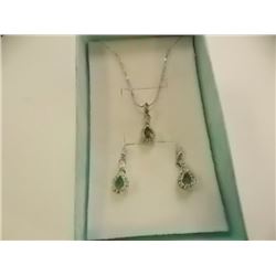 EARRINGS & NECKLACE SET - .75 PEAR FACETED EMERALD & DIAMONDS IN STERLING SILVER SETTING - INCLUDES 