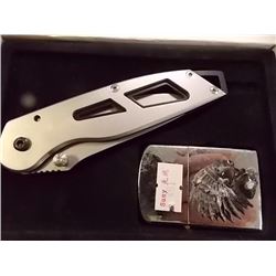 NEW FOLDING KNIFE WITH LIGHTER WITH INDIAN IMAGE