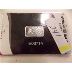 SILVER BAR - .999 FINE SILVER - 5 GRAMS - NADIR REFINERY CERTIFICATE WITH SERIAL NUMBER