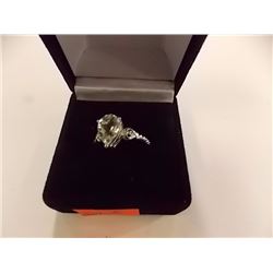 RING - PEAR FACETED GREEN AMETHYST & 2 DIAMONDS IN STERLING SILVER SETTING - TEXTURED BAND - RETAIL 