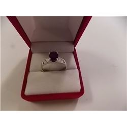 RING - OVAL FACETED 1.5CT AMETHYST & 2 DIAMOND RING IN STERLING SILVER SETTING - RETAIL ESTIMATE $35