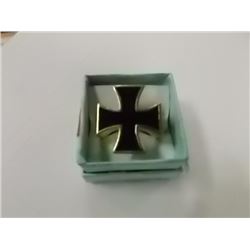 RING - MAN'S SOLID BRONZE & ENAMEL IRON CROSS RING - SIGNED BY ARTIST