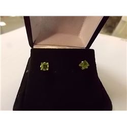 EARRINGS - SQUARE FACETED LIGHT GREEN PERIDOT IN 10K YELLOW GOLD 4 CLAW SETTING - POST & BUTTERFLY B