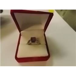 RING -EMERALD FACETED PURPLE AMETHYST & 2 DIAMONDS IN STERLING SILVER SETTING - ESTIMATED RETAIL $45