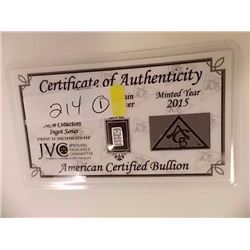 SILVER INGOT - .999 FINE SILVER - 5 GRAIN - WITH CERTIFICATE OF AUTHENTICITY - MINT SEALED