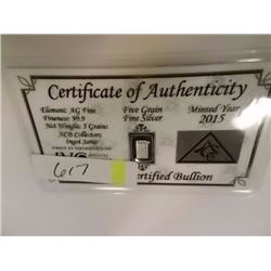 SILVER INGOT - .999 FINE SILVER - 5 GRAIN - WITH CERTIFICATE OF AUTHENTICITY - MINT SEALED