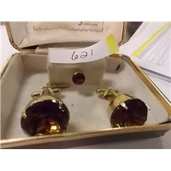VINTAGE CUFF LINK SET WITH TIE PIN - SMOKY TOPAZ?