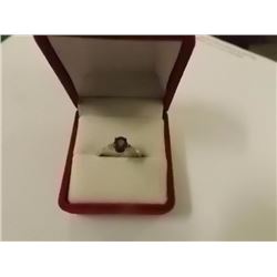 RING - OVAL FACETED AMETHYST & 2 DIAMONDS IN STERLING SILVER SETTING - RETAIL ESTIMATE $300