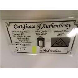 SILVER INGOT - .999 FINE SILVER - 5 GRAIN - WITH CERTIFICATE OF AUTHENTICITY - MINT SEALED