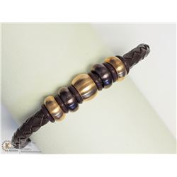 STAINLESS STEEL 8" LEATHER MEN'S BRACELET W/BEADS