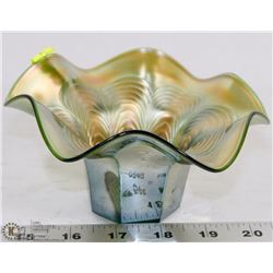 VINTAGE GREEN CARNIVAL GLASS FLUTED BOWL/DISH