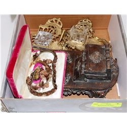 PAIR OF BRASS INK WELLS, ANTIQUE STYLE STAND &