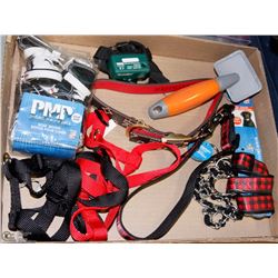 FLAT OF DOG ACCESSORIES INCLUDES COLLARS, BRUSH