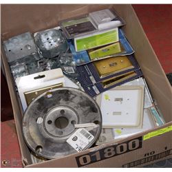 BOX OF ELECTRICAL ITEMS, INCLUDES ROLL OF WIRE,