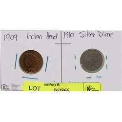 1909 INDIAN HEAD US PENNY & 1910 CANADIAN SILVER