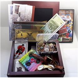 16 - PICTURE DISPLAY WOODEN BOX & CONTENTS