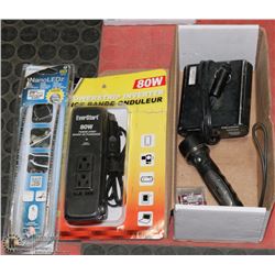 BOX OF MISC INCL 20" LED LIGHT, POWER STRIP