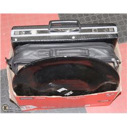 BOX OF MISC FRAMES, DECORATIVE PLATE, BRIEFCASE