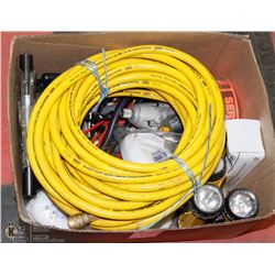 BOX WITH ASSORTED TOOLS MISC,. DRAIN PIPE AUGER
