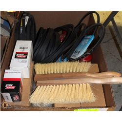 BOX FULL OF BALDWIN FILTERS, BELTS, BRUSHES+MORE