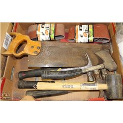 FLAT OF ASSORTED HAND TOOLS + GATOR SAND BELTS