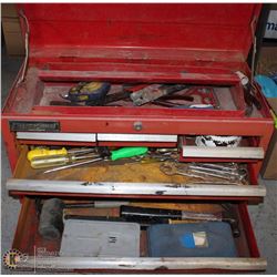 RED INTERNATIONAL TOOLBOX FILLED W/ VARIOUS TOOLS