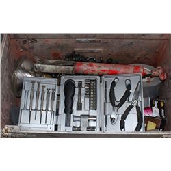 STEEL BOX W/TOOLS BRUSHES/LIGHTS