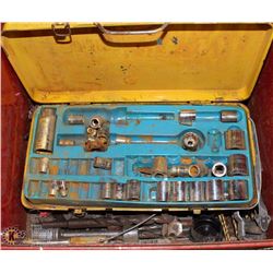RED TOOL BOX FULL OF DRILL DRIVES AND SOCKETS