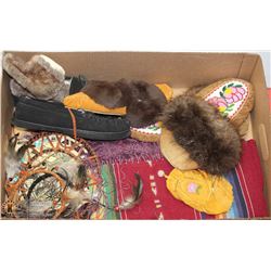 BOX FULL OF NATIVE ITEMS INCL. MOCCASINS,